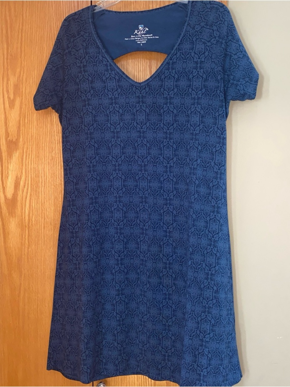Kuhl Oriana Jersey Dress Sz L Open Back Short Sleeve Blue Coolplus Tencel